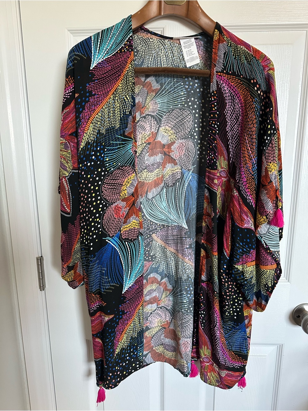 La Blanca Colorful Floral Boho Kimono with Tassels one size coverup - Picture 2 of 6